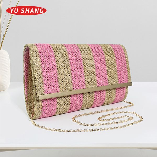 

Sales factory women's handbags sweet lady striped hand envelope bag flip woven chain bag daily Joker straw beach bag simple women handbag A093#, Pink