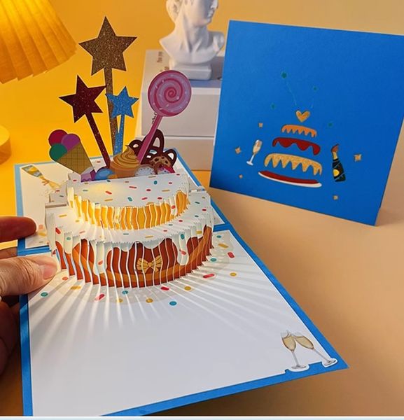 

3D pop-up birthday card - includes 2 greeting cards, birthday cake card 15cm x 15cm, with envelope and notebook in blue