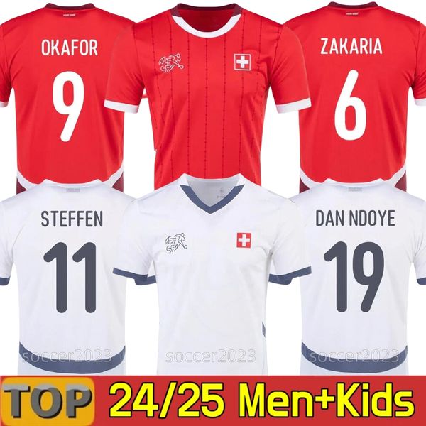 

Switzerland 2024 Euro Cup Soccer Jerseys Fans version SWISS National Team ELVEDI AKANJI ZAKARIA SOW RIEDER EMBOLO SHAQIRI Home red and away Men kids kit jerseys, 2024 home aldult