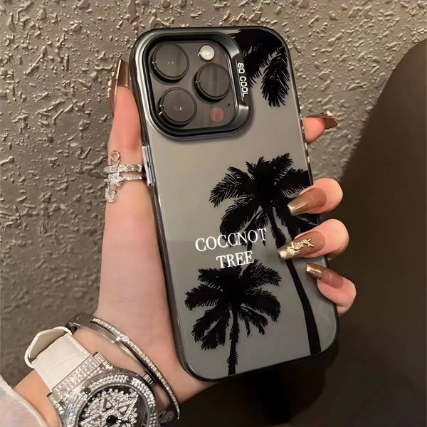 

Simple personality niche coconut tree apple 15 14 13 12 11 promax new matte couples laser mobile phone case for men and women, For iphone