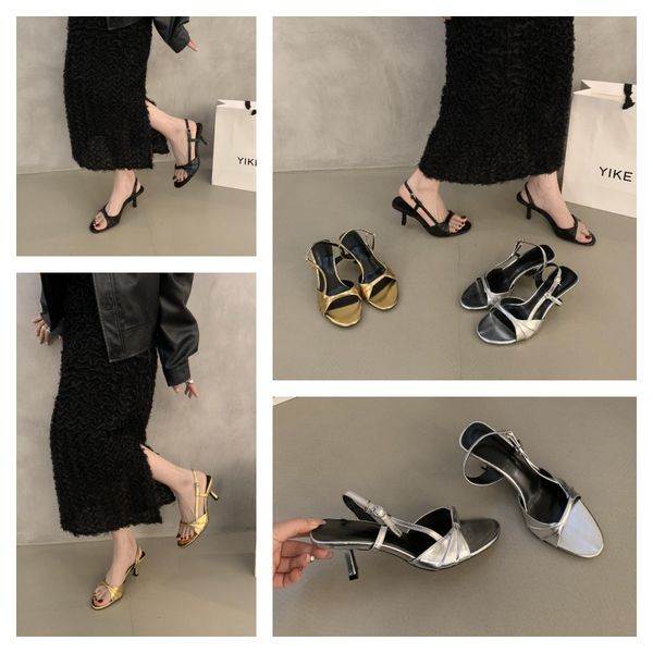 

Sexy ladies leather high-heeled sandals niche fashion metal single buckle summer 5CM ladies leaky toe fine heeled high heels, Silver