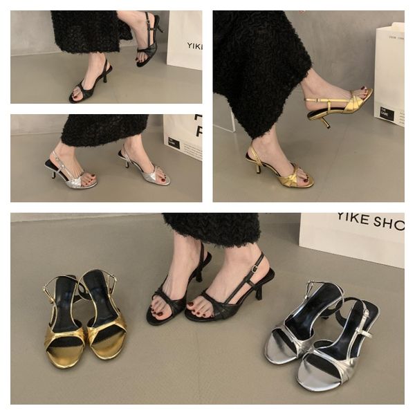 

Summer elegant women's leather high-heeled sandals one-line sandals Niche design High-grade Temperament, Silver