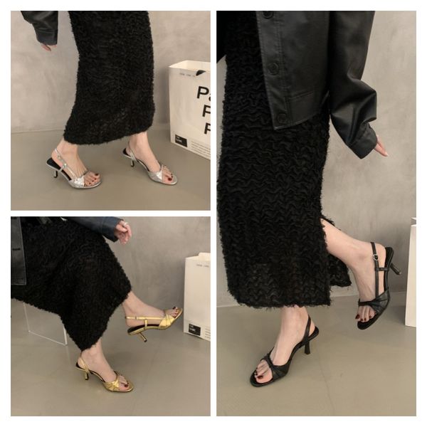 

Summer sexy ladies leather high-heeled sandals one-line sandals Niche design High-grade Temperament black, Silver