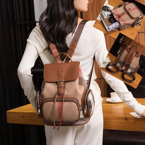 

Outlet women shoulder bag classic retro plaid handbag large capacity simple and versatile color matching leisure backpacks flip drawstring fashion backpack 687#, Brown