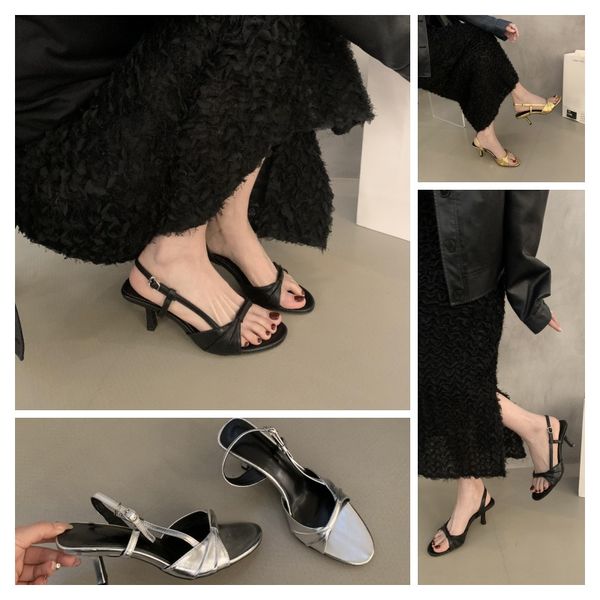 

Summer sexy women's leather high-heeled sandals one-line sandals Niche design High-grade Temperament silver golden, Gold