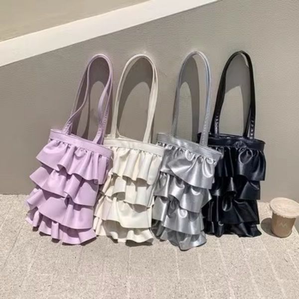 

European and American retro original lace bag new Tote large capacity single shoulder bag cake skirt with pleats ruffled edges underarm, White