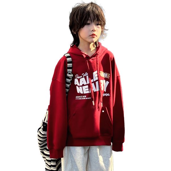 

Children's Casual Hoodie Long Red Lightweight Pullover Top Loose Sweatshirt with Pockets