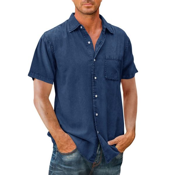 

Mens Button Up Shirts Men Solid Color Short Sleeve Shirt Fashion Summer Lapel Tops With Pocket, Navy