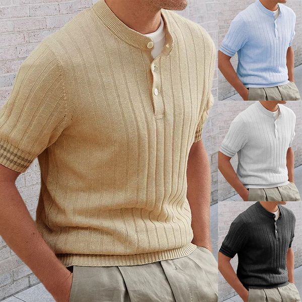 

Men's Polos Summer Short Sleeve Knit Shirts Fashion Button Crew Neck Slim Polo Shirt, Khaki
