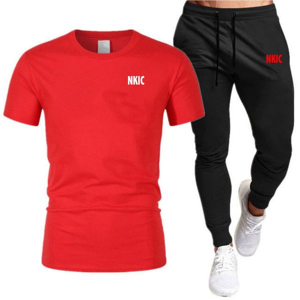 

Summer Casual Brand LOGO Tracksuit Men's Red T-Shirt Pants Suit Cotton Short Sleeve letter printed Shirts Jogging Sweatpants Male Sportswear, Navy blue
