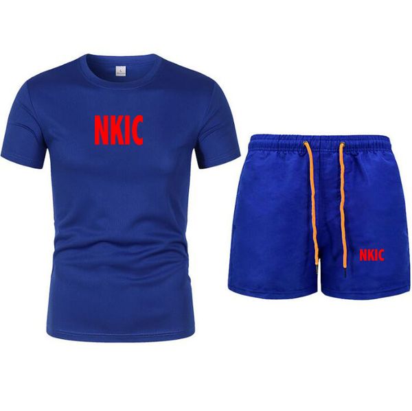 

Summer Men's Fitness Fashion Men's Casual Sportswear Suit Brand LOGO Sports Suit Short Sleeve Blue T-Shirt Shorts 2 Piece Set, Navy blue