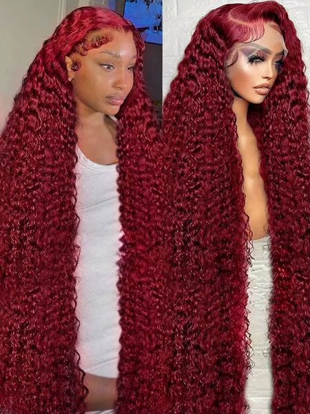 

200 Density 99J Burgundy Deep Water Wave Lace Front Wigs 13x4 Curly Lace Frontal Wig Remy 30 32 Inch Red Colored Human Hair Wigs, Mix color