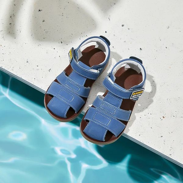 

Childrens frosted leather beach sandals boys barefoot anti slip sandals cotton lining baby soft navy blue sandals 240625