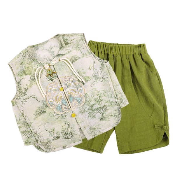 

T-shirt children's Customized Summer New Product New Chinese Tang Dynasty Hanfu Short sleeved Shorts Two piece Casual Travel New Year Dress, Mixed color
