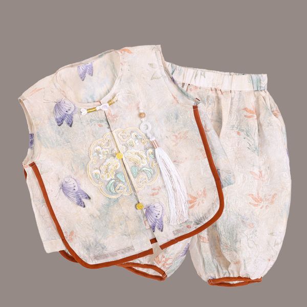 

Light luxury customized children's summer new Chinese Tang suit hanfu short-sleeved 2-piece set interpretation of ancient style fashion dress preferred, Mixed color