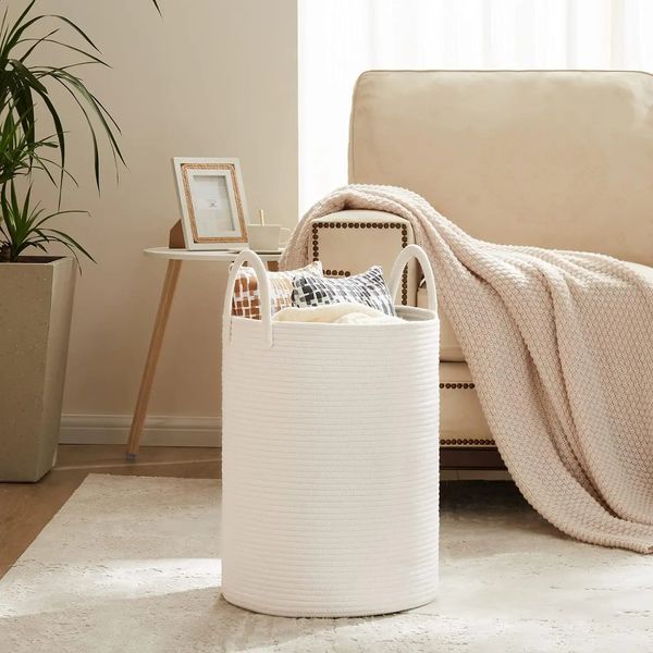 

72L Large Woven Laundry by Tall Cotton Rope Storage Basket Jute Baby Nursery Hamper for Blankets 240705