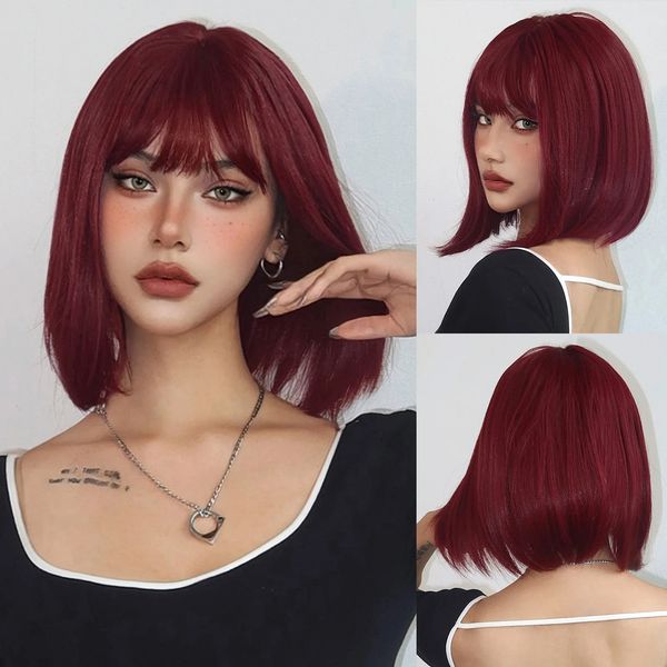 

Short Wine Red For Women Bury Bob Wigs With Thick Bangs Heat Resistant Synthetic Wig 240705, Blonde
