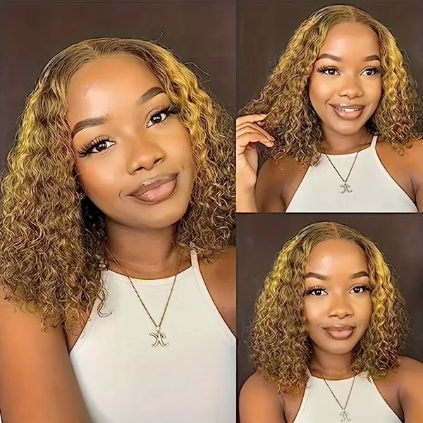 

13x4 HD Lace Human Hair Short Human Hair Wigs Curly 4/27 Highlight Ombre 200% Human Hair Deep Wave Bob Wigs, Mix color