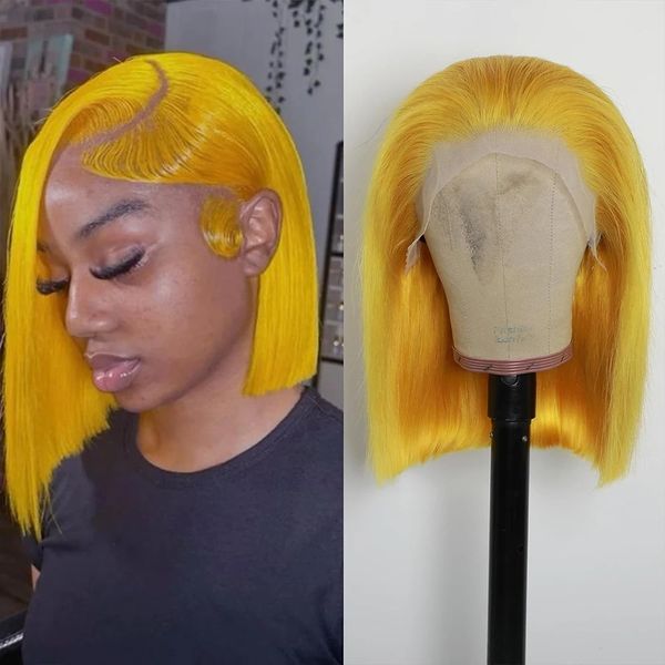 

Cosplay 13x4 Straight Lace Frontal Bob Wigs HD Ombre Yellow Straight Short Bob Lace Front Wig 613 Brazilian Human Hair Wigs, Mix color