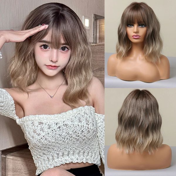 

Women Grey Wavy Bob Wigs Bangs Short Blonde Ombre Synthetic Wig With with Dark Roots Natural Hair for Daily Use 240705, Red