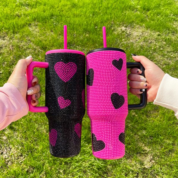 Hot pink black 40oz sweet heart print diamond bling rhinestone tumblers double wall stainless steel gym sport mug with lids and straws for girl gift