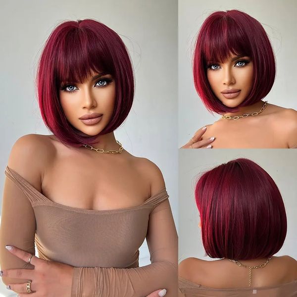 

Red Short Bob Natural Hair Woman Wigs with Bangs Lolita Plush Daily High Quality Synthetic Wig 240705