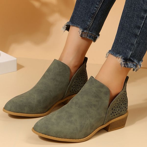 

Large size and ankle boots for women 2024 new style pointed, thick heel, hollow out short boots, solid color set, casual leather boots, Grey
