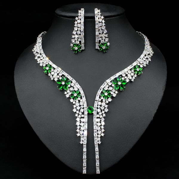 

Beauty Silver Green Blue Red 3AAA Bride Jewelry 2 pieces Set Wedding Jewelry Middle East Dubai Saudi Arabia Casual Zircon wedding dress high-grade J714222