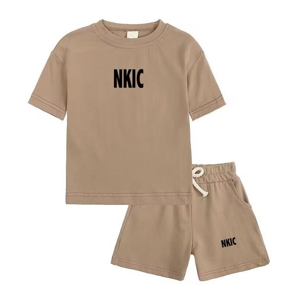 

Summer 2pcs Kids Brand letter printing Clothes Sets Children Sports Style Tracksuits Cotton Coffee T-shirts and Shorts Boy and Girl Outfits Suits, Beige 1