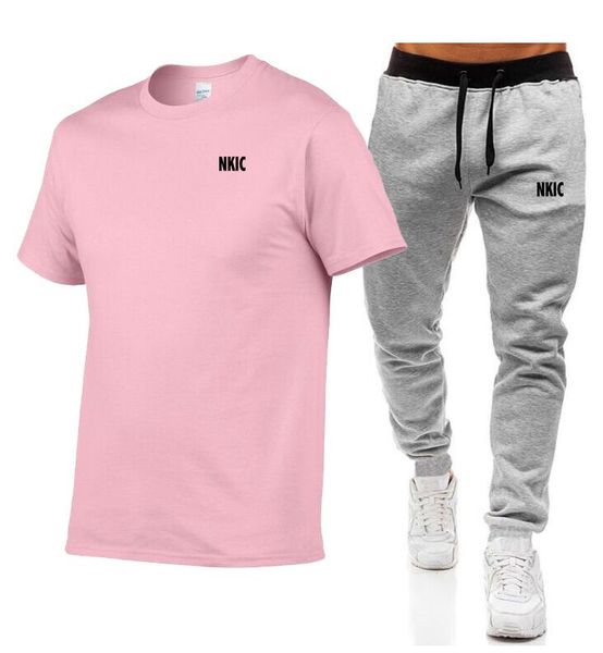

Summer 100% Cotton Pink T-Shirt Pants Set For Man Casual Fitness Jogger 2 Piece Suits Short Sleeved Men's Brand Tracksuit Plus Size -2XL, Burgundy 1