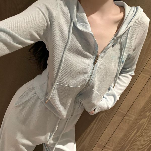 

two piece set women designer New fashionable rhinestone letter temperament sweet style slim cardigan top straight leg casual pants suit, Blue