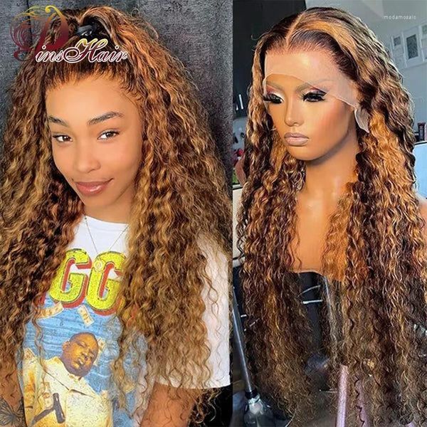 

Blonde Brown Highlight Deep Wave Lace Front Wig Human Hair Wigs For Women Ombre Colored 13x4 Transparent Curly Frontal s al