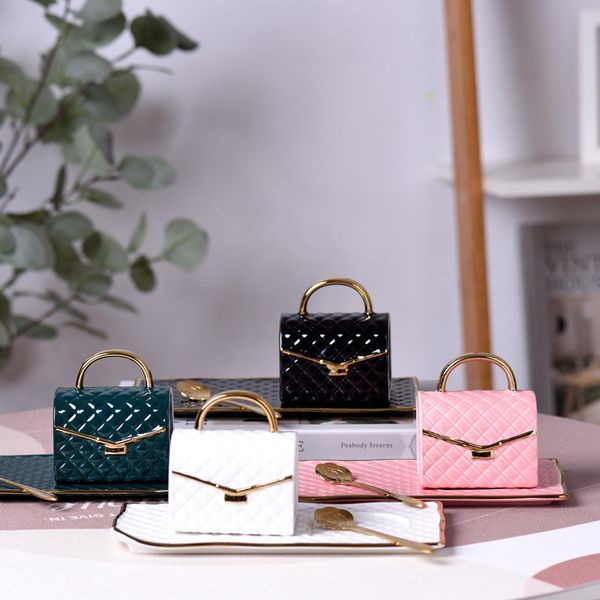 

designer fashional Handbag shape Ceramic Mug Coffee Cup And Saucer Set Water Home Breakfast Cups Dim Sum Dish Snack Tray Milk Teacup with spoon 3pcs set, White