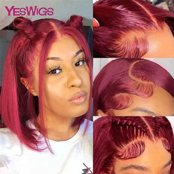 

99j 13x4 Burgundy Short Bob Wig Brown Bone Straight Highlight Lace Front Human Hair Wigs For Women Transparent Frontal s al, Mix color