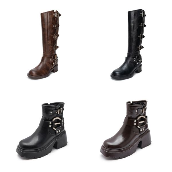 

Women Boots Buckle Round Toe Wedges Platform Boots Punk Goth INS Women Street Shoes Combat Boots for Women, Black