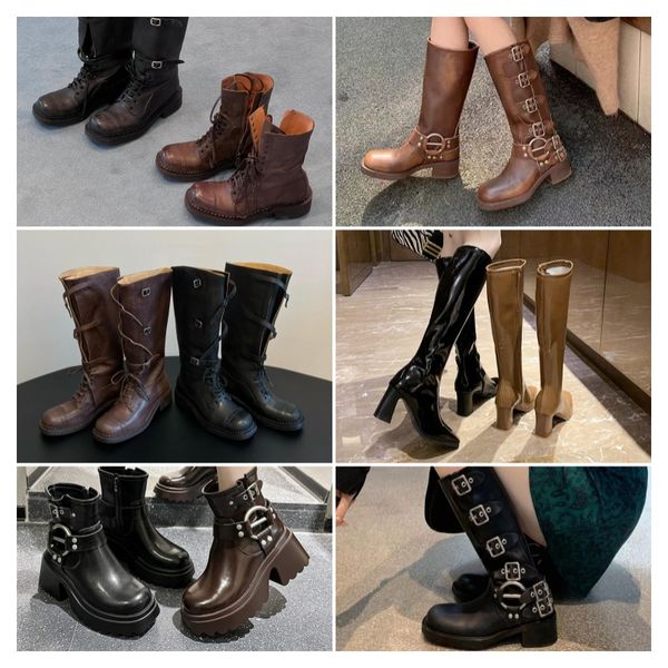 

Fall Winter High Low Chunky Westerm Boots Designer Niche Street Style Metal Button Lace Up High Boots Vintage Age Gender Neutral, Blue