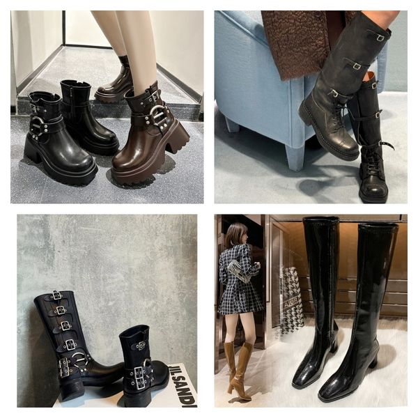 

Women's Knee High Riding Boots Ankle boots Slip Boots Chunky Heel Fashion Buckles Biker Boots, Black