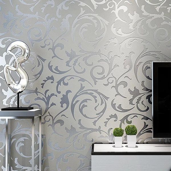 

Wallpapers Grey 3D Victorian Damask Emed Wallpaper Roll Home Decor Living Room Bedroom Wall Coverings Sier ral Paper, Gold
