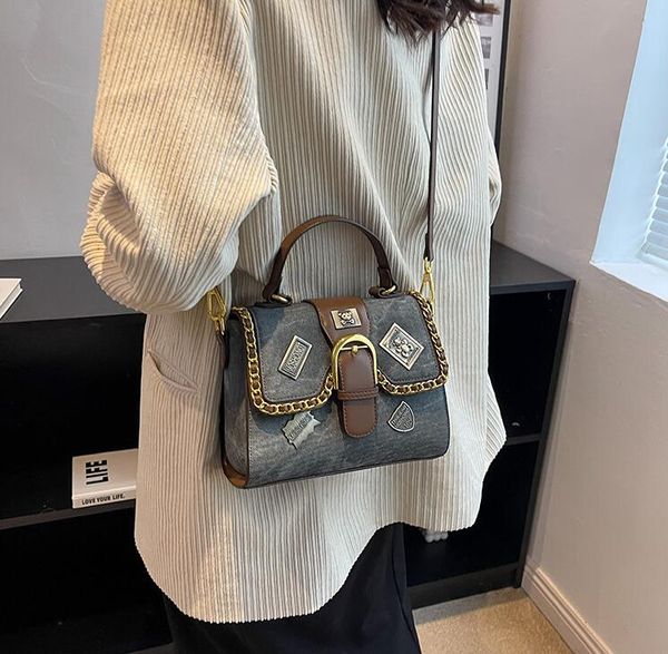 

Factory wholesale ladies shoulder bag 2 colors street personality rivet punk handbag thickened denim fashion backpack trend foreign chain handbags 0155#, Grey