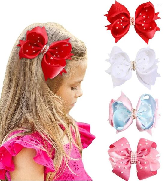

Hair Accessories Pearl Embellished Bow Clips For Girls Ribbon Headwea Girl Accessoires Beautiful Hairbows, Gray