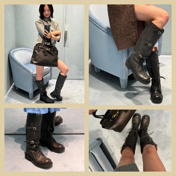 

Boots Harness Belt Buckled cowhide leather Biker Knee Boots chunky heel zip Knight boots Fashion square toe Ankle for women luxury designer shoes factory footwear, Brown