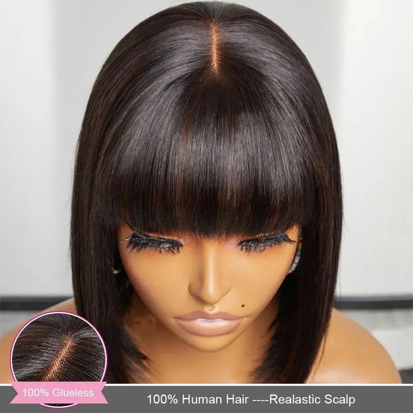 

Glueless Human Hair With Bangs Fringe Middle Part Realistic Scalp Brazilian Straight Bob Lace Wigs 240709, Black