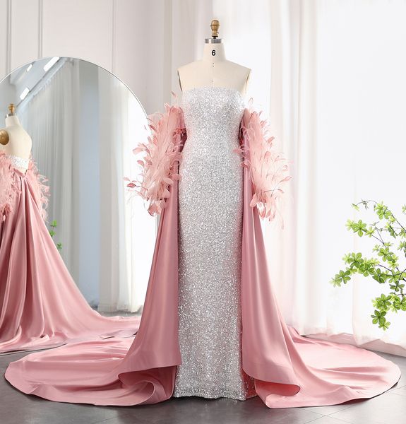 

Elegant Pink Strapless Sheath Feathers Sequins Designer Occasion Dresses Evening Dress Party Gown Saudi Arabia Dubai India Muslim Russia E719005