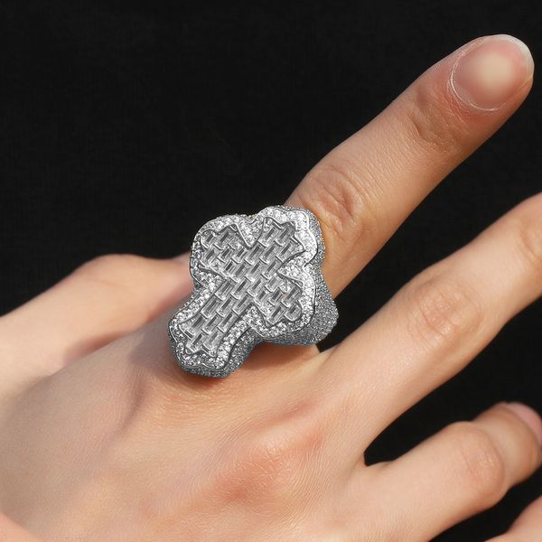 

Luxulry Hip Hop Cross Finger Ring Rock Iced Out Rings Men Iced Out Ring Luxury 925 Silver Color Copper Rhinestones Zircon Rings Jewelry Party