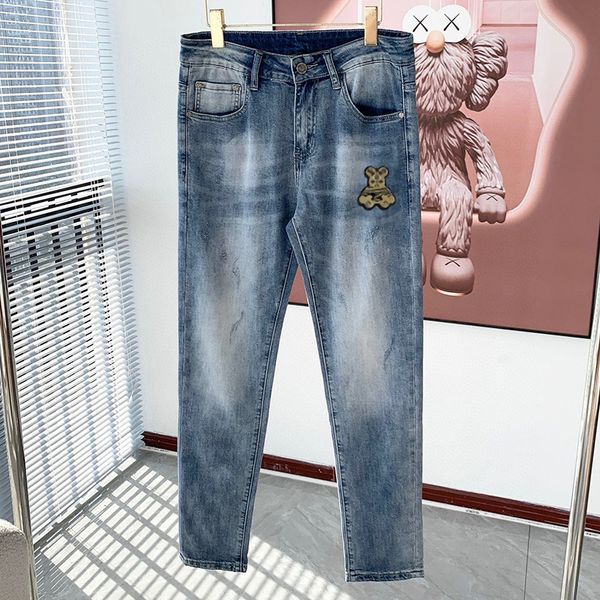 

Denim Blue Fashionable men jeans Designer jeans Elastic jeans Stretch jeans Letter V casual sports jeans Slim fit jeans, Blue 2