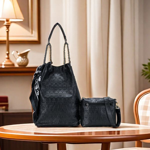 

Outlet factory shoulder bag trend cool skull embossed leather bucket bag Joker 2 piece black chain bag elegant printed scarves women's handbag 8559#