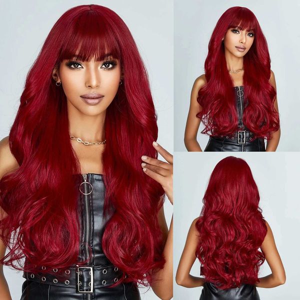 

Long Wavy Wine Red Bury with Bangs: Synthetic Heat-Resistant Cosplay Wig for Women, Natural Look, Daily Use, Blonde