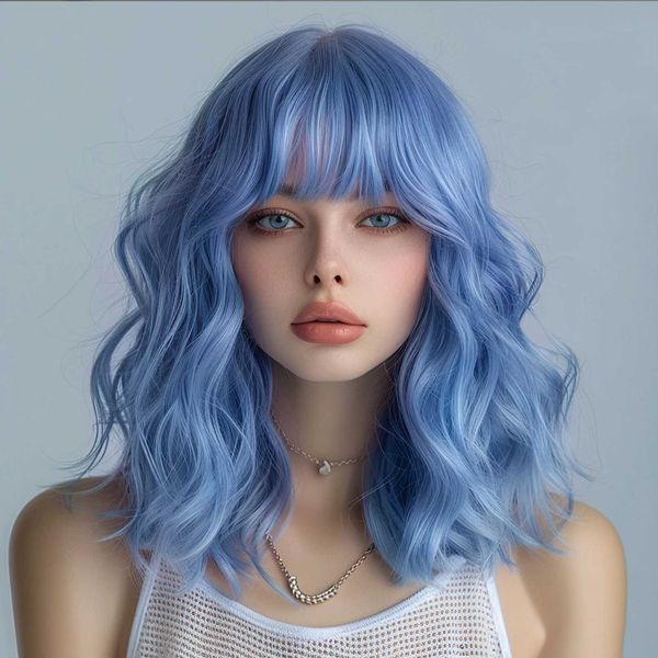 

Short Bob for Women Synthetic Wavy Curly Wigs with Bangs Cosplay Halloween Blue Wig Natural Heat Resistant Hair G240529, Blonde