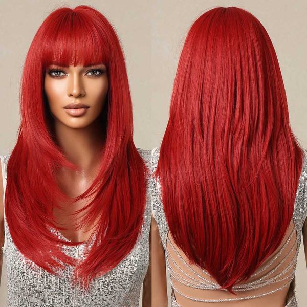 

Wine Red Cosplay Party Synthetic with Bangs Long Straight Layered Hair Wigs for Black Afro Women Daily Heat Resistant Fiber G240529