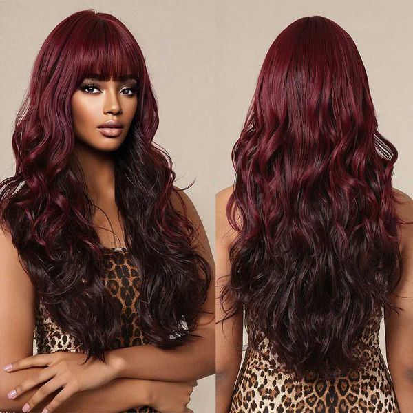

Ombre Wine Red Wigs: Long Wavy Bury Synthetic Hair Wigs with Bangs for Women, White
